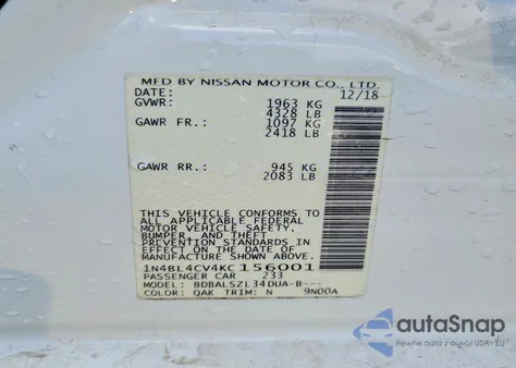 2019 Nissan Altima Sr from USA, damaged, VIN 1N4BL4CV4KC156001